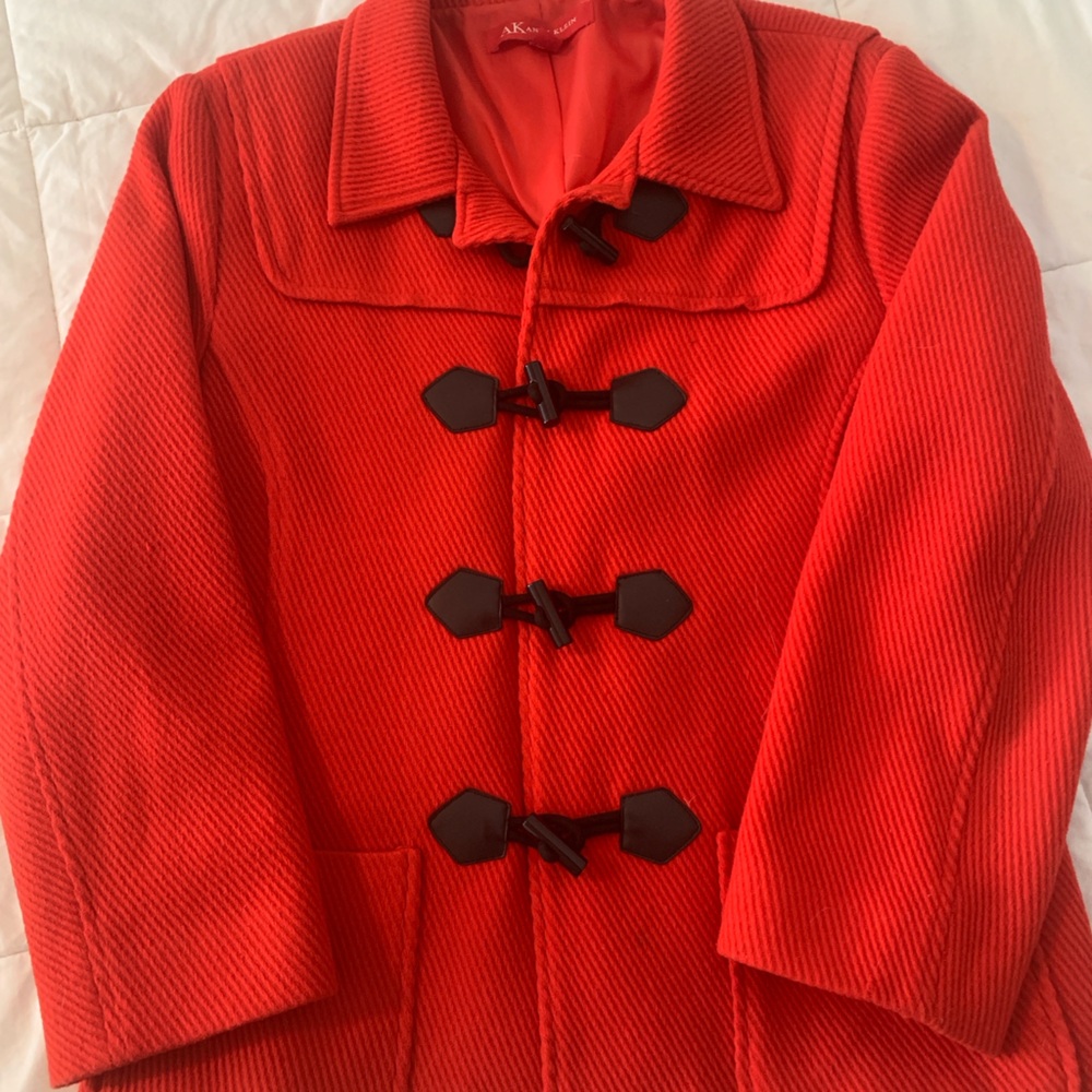 Anne Klein Bold Red Pea Coat with Dark Accents